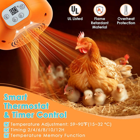 5 Enhon Chicken Coop Heater, Timing Heat Lamp for Chickens, Smart Temperature Control Chicken Brooder Heater, Ft Long