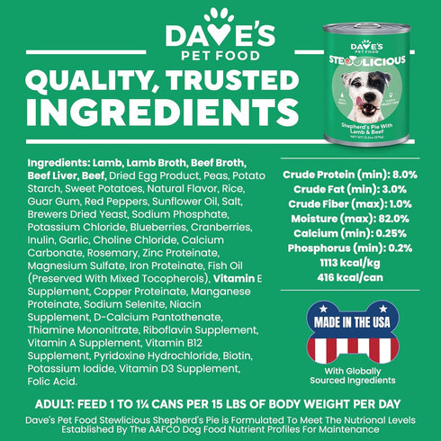20 13.2 oz (12 Pack) Dave's Pet Food Stewlicious Canned Dog Food with Gravy (Shepherd's Pie with Lamb & Beef), Made