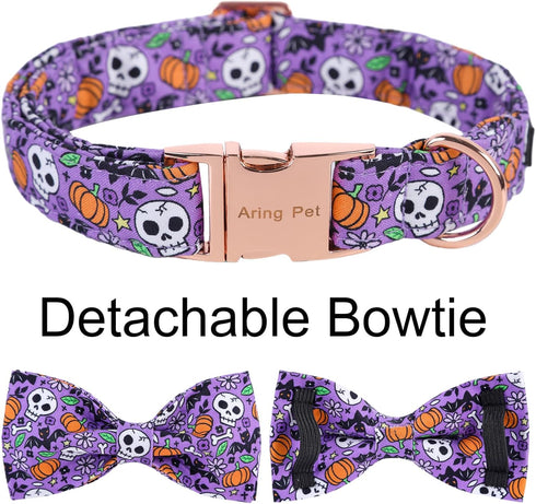 ARING PET Halloween Dog Collar - Cute Pumpkin Bowtie Cotton Purple Skull Bat Collars with Metal Buckle