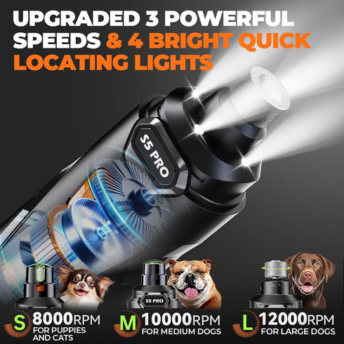 4 3 3-Speed, Trimmers, Whisper Quiet Dog Nail Grinder with LED Lights, Safe & Stress-Free for Sensitive Dogs Cats