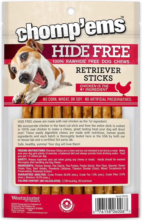 CHOMP 'EMS Chicken Hide Free Dog Chews - Rawhide Free Dog Treats - No Hide Alternative Chew Treat for All Life Stages, Stick, 5in, 10 Count — Satisfies Chewing Instincts