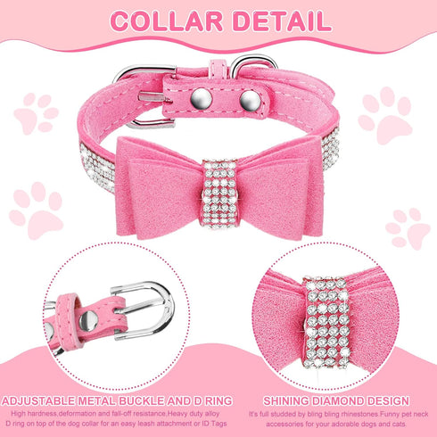 9 Pieces Pink Rhinestones Dog Collar PU Leather Girl Puppy Collars Bling Crystal Cat Dog Collar with Bow Bone Heart Flower for Pets Dogs Cats Collar Accessories, X-small