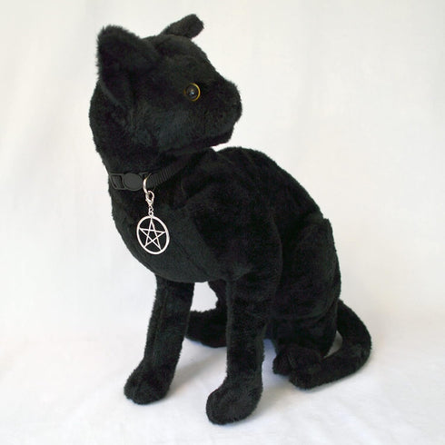 Black Cat Collar with Wiccan Pagan Pentacle Silver Finish On Safety Breakaway Collar Adjustable Neck Size 8 to 12 Inches