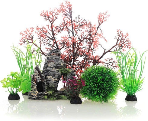 JIH Aquarium Fish Tank Plastic Plants and Cave Rock Decor Set - 7 Pieces