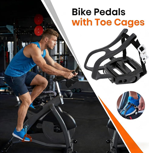 9/16'' 500lb Bike Pedals with Toe Cages for Regular or Clipless Shoes, Spindle, Compatible with Mountain Road Bikes