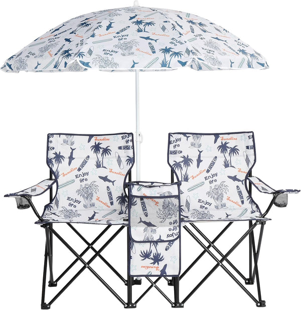 Generic Double Folding Picnic Chairs with Umbrella Mini Table Beverage Holder Carrying Bag