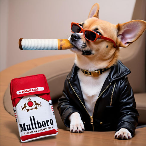 Nestpark Muttboro Doggy Cigs Funny Dog Toys - Parody Plush Squeaky Crinkle Interactive Dog Toy - Hide and Seek Treat