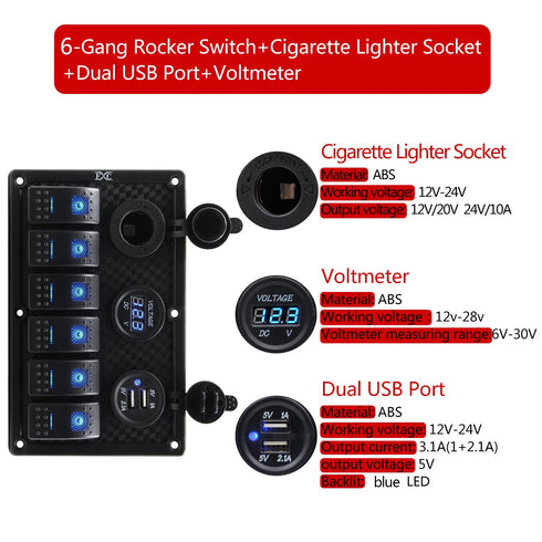 FXC Waterproof Marine Boat Rocker Switch Panel 6 Gang with Dual USB + Cigarette Lighter