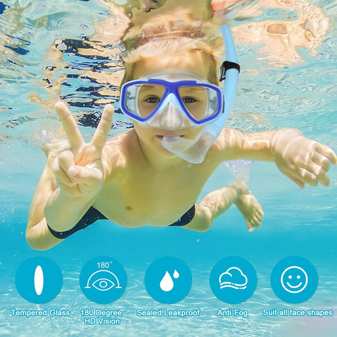 KUYOU Kids Snorkel Set, Anti-Fog Full Dry Top Snorkeling Package with Diving Mask and Snorkel Gear for Youth Boys Girls