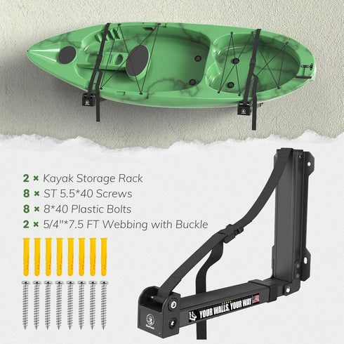 GanFindX Foldable Heavy-Duty Kayak Wall Rack, 9.5-13.8" Storage Hanger with Plastic Buckle Straps