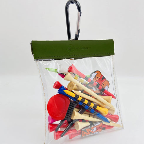 Golf Tees Pouch Bag with Clip, Clear Transparent Pocket for Accessories & Valuables | 15 Bamboo Tees Included (Green)