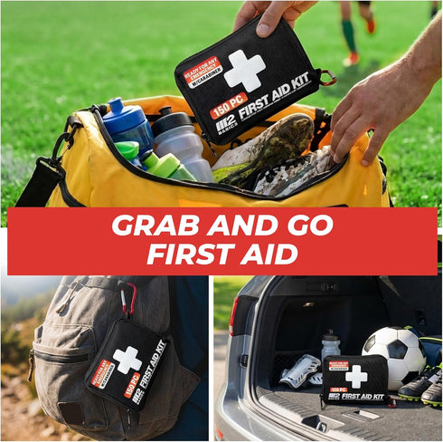 M2 150 BASICS Compact First Aid Kit, Pieces, Portable Emergency Kit with Carry Bag and Carabiner for Travel, Car