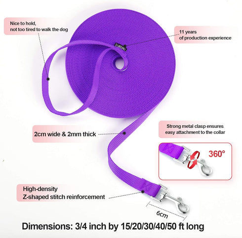 Dog/Puppy Obedience Recall Training Agility Lead - 15ft 20ft 30ft 40ft 50ft Leash, Great for Play, Purple 50ft