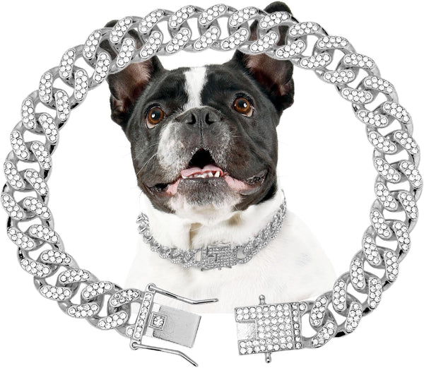 Dog Chain Collar, Silver Dog Necklace Diamond Cuban Link 13mm Wide Metal Pet Collar for Large Medium Small Dogs