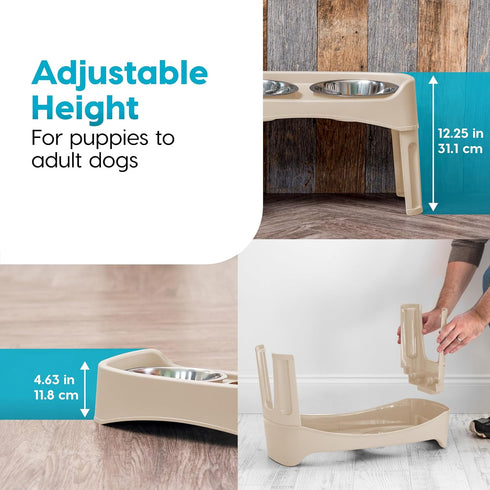 IRIS USA Elevated Dog Bowls, Adjustable Height, 2 Thick 64 oz Stainless Steel Bowls, Spill-Proof, Made in USA Plastic