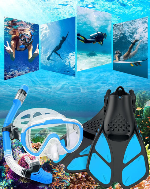 Snorkeling Gear Set for Adults, 4 in 2 with Panoramic Diving Mask, Anti-Fog Snorkel, Fins, and Travel Bag