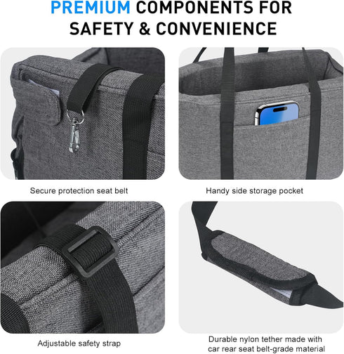 BJOP 15 lbs Small Dog & Cat Car Seat, Detachable Seat, Console Fit, Adjustable Straps, Storage Pocket & Clip-On Leash