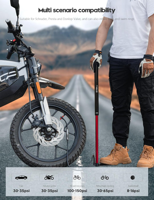 Tiakia Bike Floor Pump with Gauge - 260psi High Pressure Bicycle Pump, Portable Hand Air Pump for Presta, Schrader