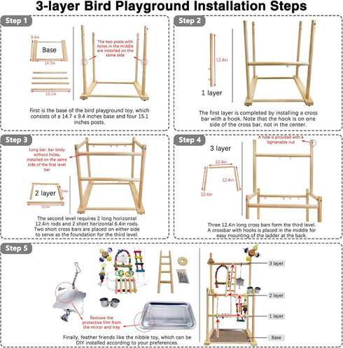 3-Tier Hamiledyi Natural Wood Bird Playground - Large Perch Stand with Exercise Platforms Durable Activity Gym