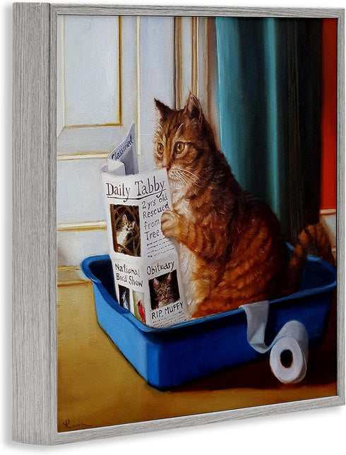 Stupell Industries Funny Cat Litter Box Reading Painting by Lucia Heffernan, Gray Framed Wall Art, 17 x 17, Multi-Color