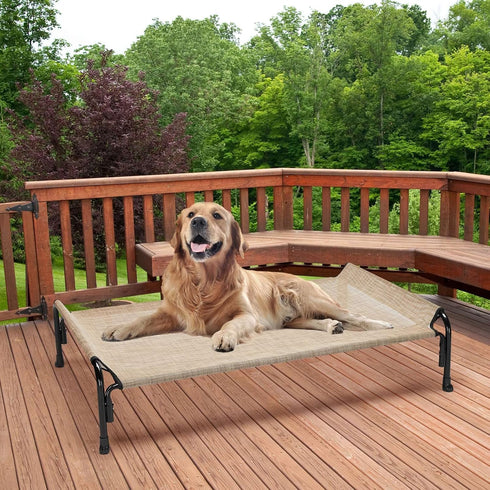 Veehoo Elevated Dog Bed, Outdoor Raised Cots for Large Dogs, Cooling Camping Bed with Slope Headrest, Washable, Beige