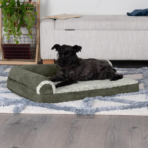 Furhaven Cooling Gel Dog Bed for Medium/Small Dogs, Removable Bolsters & Washable Cover, Two-Tone Plush Faux Fur, Dark