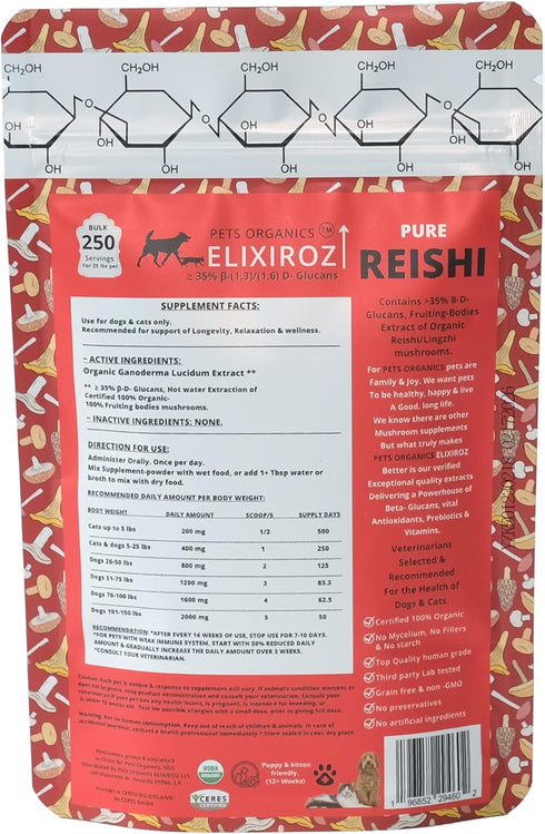 PURE REISHI, 100% Mushrooms Extract for Dogs & Cats - Immune & Digestive Health, Anti-inflammatory, Antioxidative