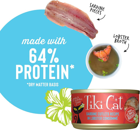 Tiki Cat Grill Wet Cat Food, Sardine Cutlets in Lobster Consommé, 2.8 oz Cans, 12 Count