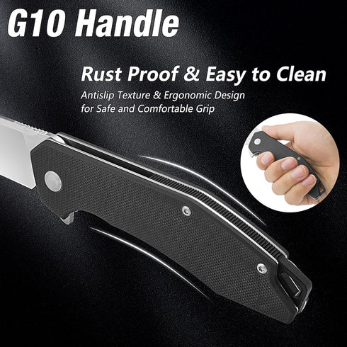 FLISSA Pocket Knife, Folding Tactical Knife with G10 Handle, D2 Blade, Liner Lock, EDC Knife