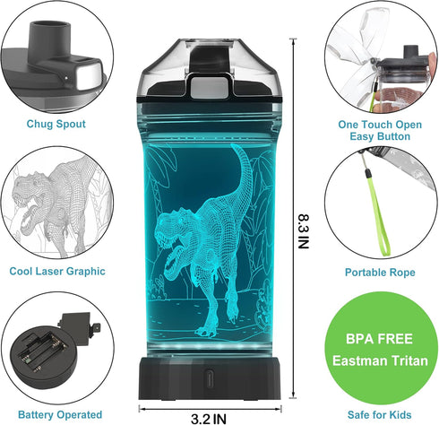 5-7 8-12 3D 14 OZ Lightzz Dinosaur Water Bottle, Dinosaur Toys for Boys with Glowing Light, Christmas Gifts White