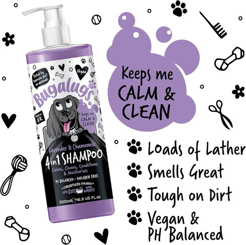 Dog Shampoo by Bugalugs, Lavender & Chamomile 4 in 1 Grooming Shampoo for Smelly Dogs, Vegan