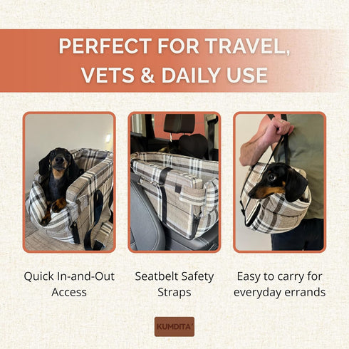 Kumdita' Center Console Car Seat & Carrier for Small Dogs & Cats with Dual Over-Seat Straps, Sewn-in Safety Leash & PE