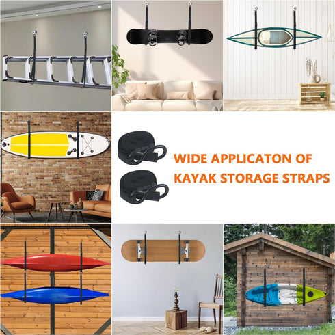 Kayak Storage Strap System with Adjustable Wall Mount Straps for 1 or 2 Kayaks