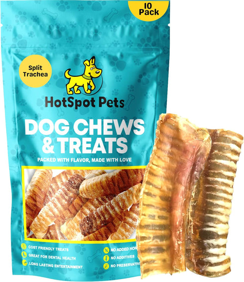 6" (10 Pack) hotspot pets Premium Beef Trachea for Dogs Strips Split All Natural Grass-Fed Beef Dog Chews, Rich