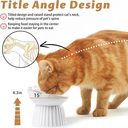 Ceramic Raised Cat Bowl, Tilted Anti Vomit Feeder for Indoor Cats, Whisker Friendly, Microwave and Dishwasher Safe