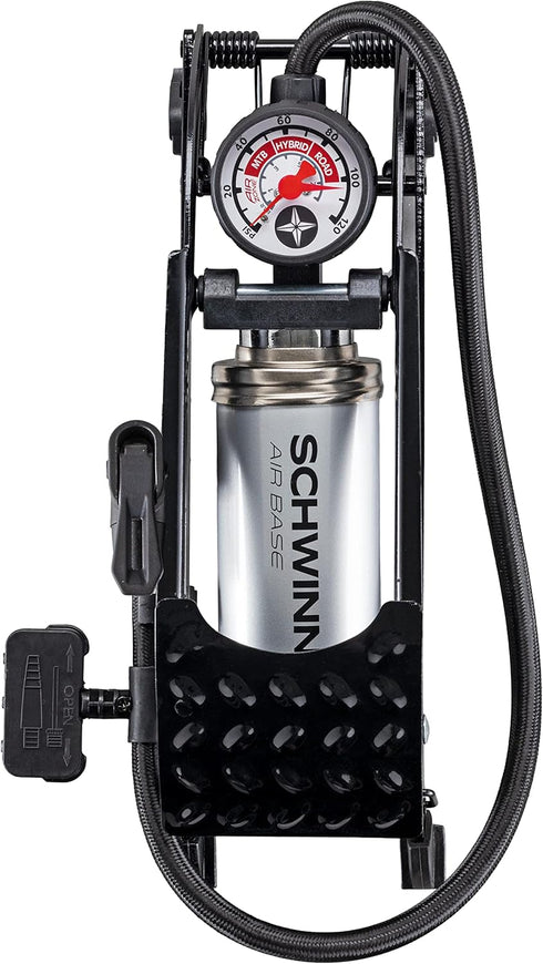Schwinn Air Base Foot Operated Bike Pump, Dual Pump Head for Presta and Shrader Valves, Max PSI 100