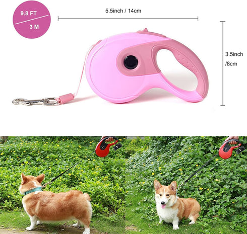 Retractable Dog Leash, 9.8FT for Small Medium Dog Up to 45lbs, One-Handed Brake, Pause, Lock, Anti-Slip Handle, Pink 3M