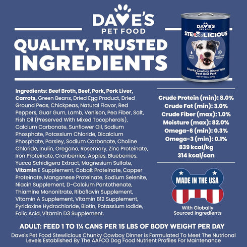 24 13.2 oz (12 Pack) Dave's Pet Food Stewlicious Grain Free Wet Dog Food with Gravy (Chunky Cowboy Dinner with Beef