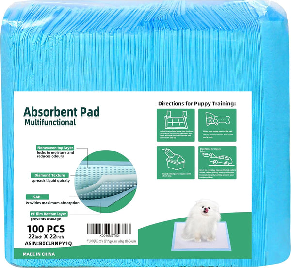 22" x 22" Disposable Puppy Dog Training Pads - Super Absorbent for Indoor Dogs, 100 Counts, Blue
