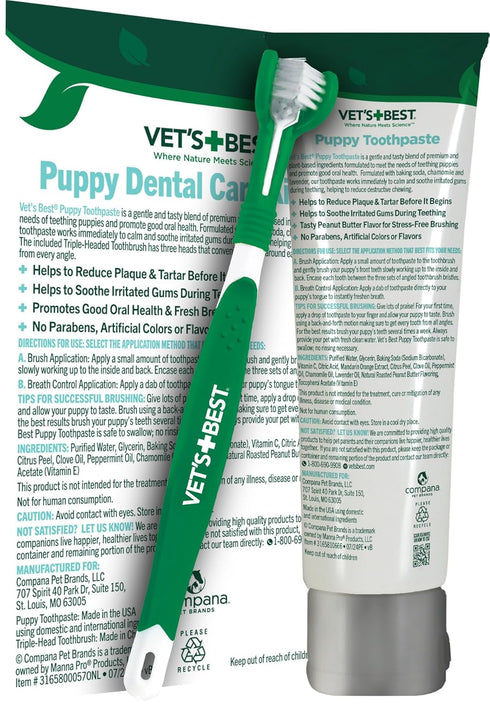 3.5 oz Vet's Best Dog Toothpaste & Toothbrush Kit for Puppies Puppy Essentials Dog Toothbrush & Toothpaste for Young