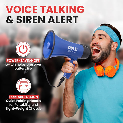 Pyle PMP21BL Portable Megaphone Speaker Siren Bullhorn - Compact and Battery Operated with 20 Watt Power, Microphone, 2 Modes, PA Sound and Foldable Handle for Cheerleading and Police Use, Blue