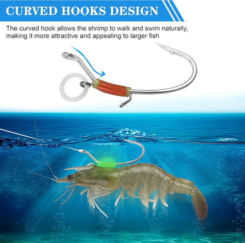 10pcs OROOTL Live Shrimp Hook, Luminous Shrimp Hooks Fishing Saltwater High Carbon Steel Fishing Hooks Barbed Live Bait