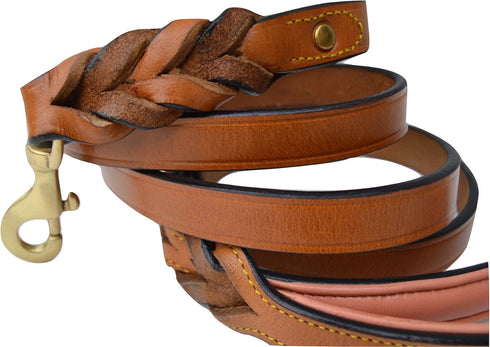 Leather Braided Dog Leash, Tan and Coral, 6 Feet x 3/4 Inch Wide, Genuine Leather