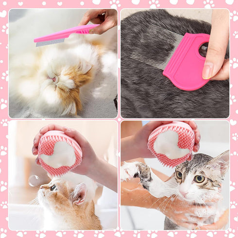 8 VCZONE Pcs Cat Brush Grooming Kits, Pet Self Cleaning Kit with Pet Nail Clipper and File, Flea Comb, Pet Shampoo Bath