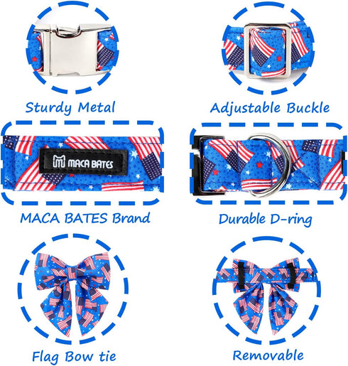 Maca Bates American Flag 4th of July Dog Collar, Adjustable Bow Tie for Small Medium Large XL Dogs, Patriotic Gift