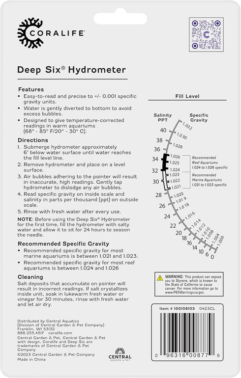 Coralife Aquarium Fish Tank Deep Six Hydrometer For Measuring Water Salinity PPT and Specific Gravity by Coralife