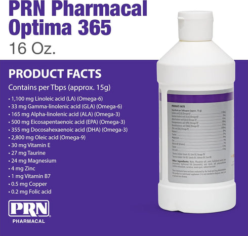 PRN Pharmacal OPTIMA 365 - Essential Fatty Acids Nutritional Supplement for Cats & Dogs - With Omega-3, Omega-6, Omega-9, & Other Vitamins & Minerals to Support Overall Pet Health - 16 Fl Oz