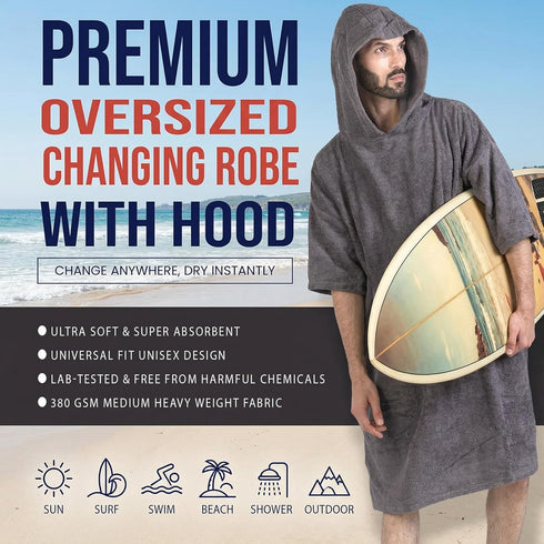 100% ALLEN & MATE Cotton Hooded Surf Poncho Changing Robe - Oversized Absorbent Pool & Beach Towel Swim Robe for Men