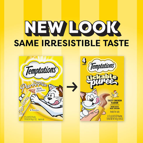 0.42 oz. 4 Count, Pack 11 (44 Temptations Creamy Puree Squeezable Lickable Cat Treats, Wet Cat Treats with Chicken