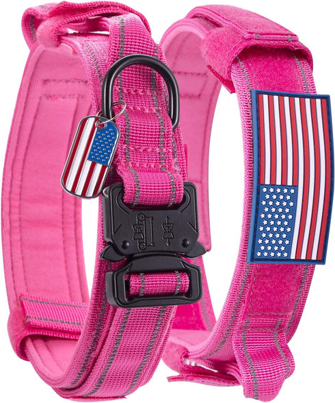 Dog Collar Tactical Highly Reflective Military Pet Collar Nylon with American Flag Patch and Pendant for XL Pink
